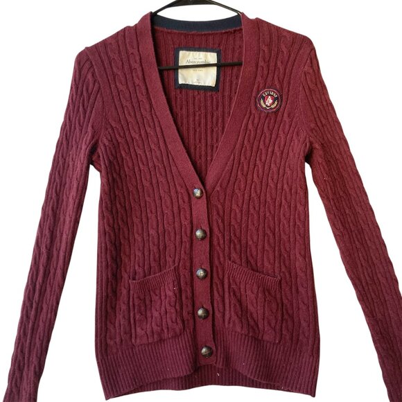 Abercrombie Fitch Burgundy Red Cotton Cardigan Sweater Womens Size M Cable Knit - Picture 1 of 16
